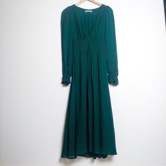 REFORMATION Metiers Dress Long Sleeve Emerald Slit Maxi Long V Neck Gown Small - Picture 3 of 11